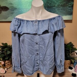 7 For All Mankind Denim Chambray Off Shoulder Ruffle Button‎ Up Shirt Women M